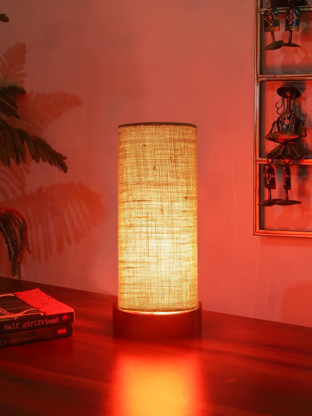 Beige Jute Table lamp Office/Home/Gifting with Wood Black Base (5x5x11) Inches -Beige