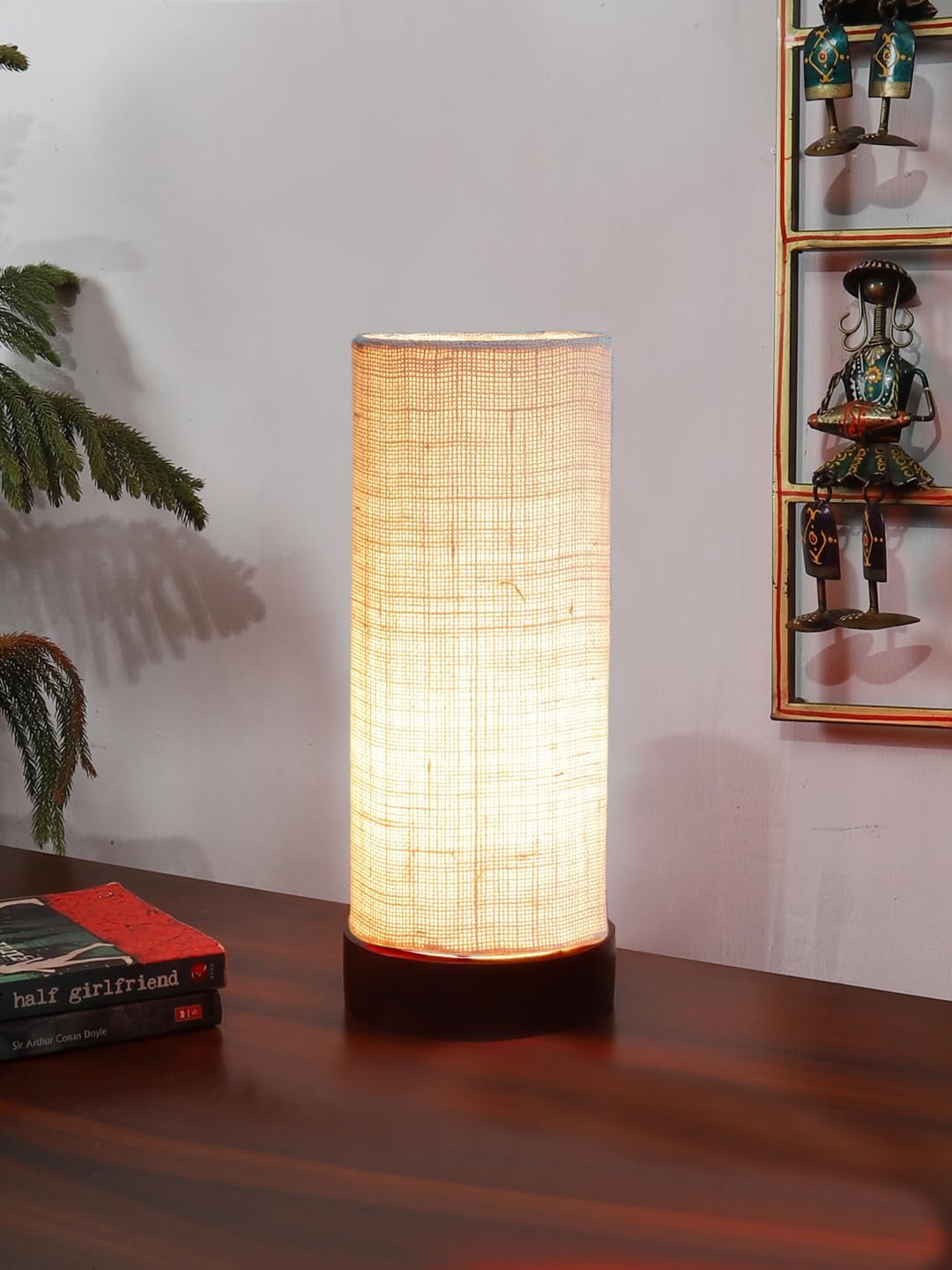 White Jute Table lamp Office/Home/Gifting with Wood Black Base (5x5x11) Inches -White