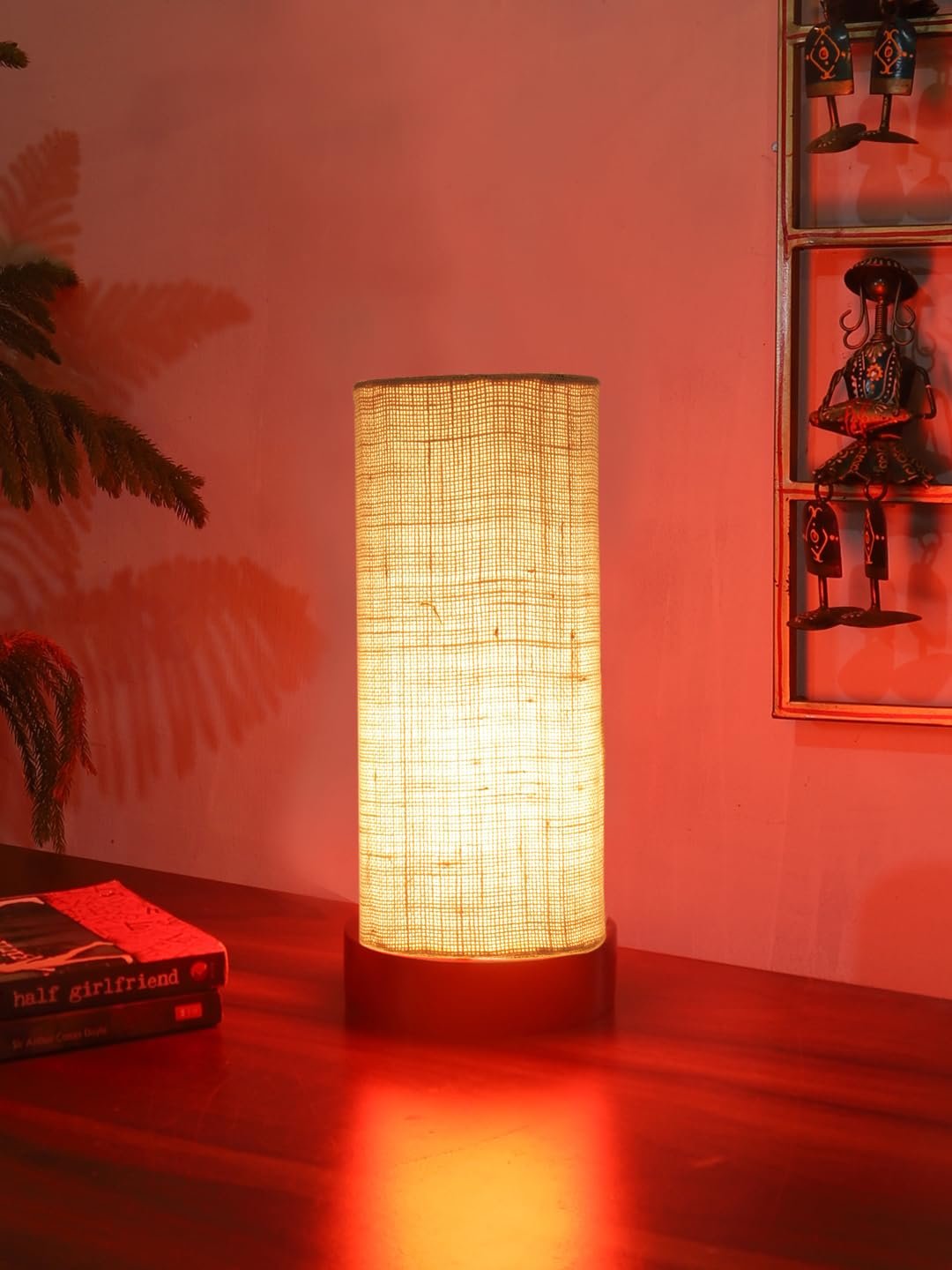 White Jute Table lamp Office/Home/Gifting with Wood Black Base (5x5x11) Inches -White