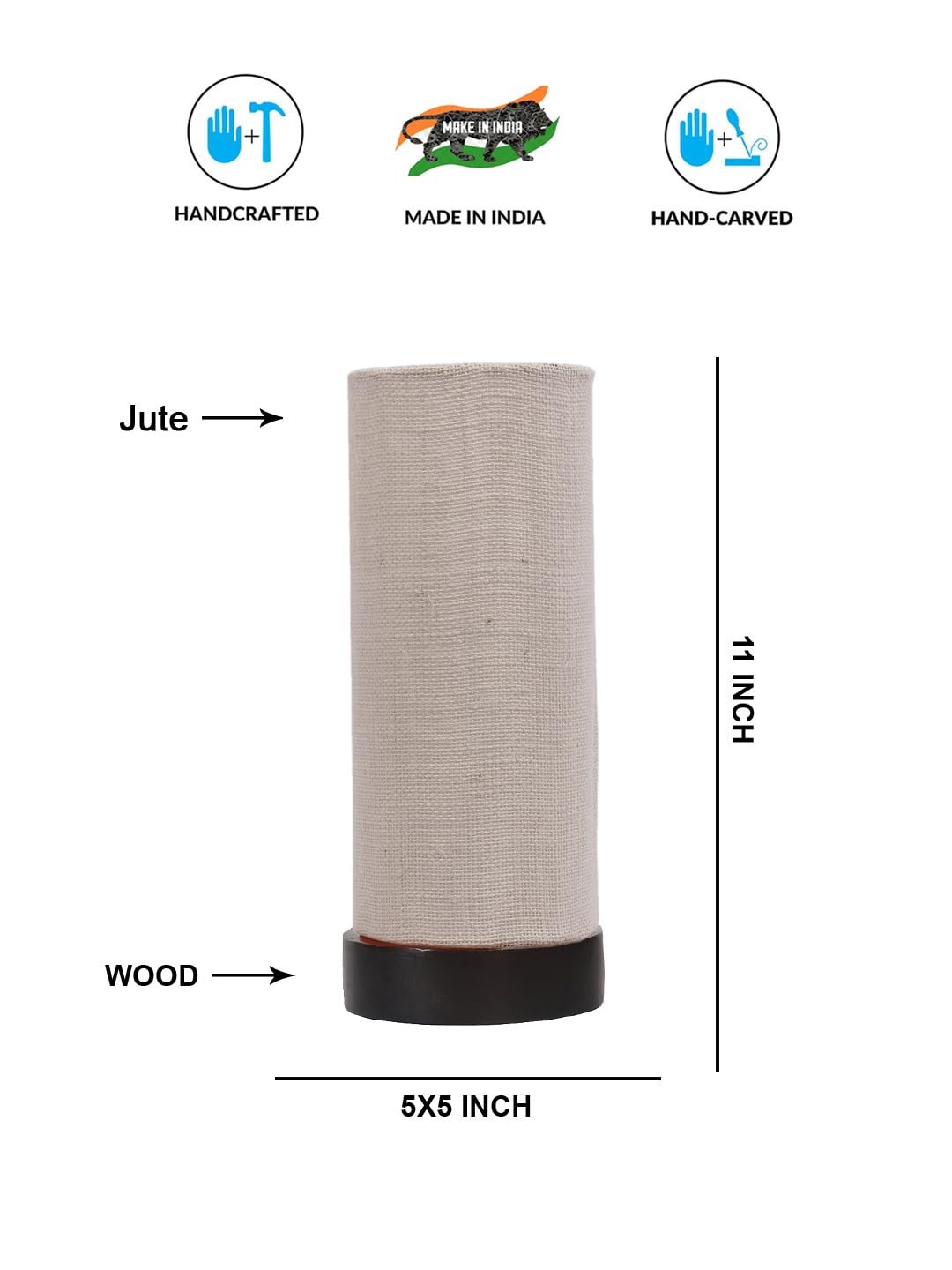 White Jute Table lamp Office/Home/Gifting with Wood Black Base (5x5x11) Inches -White