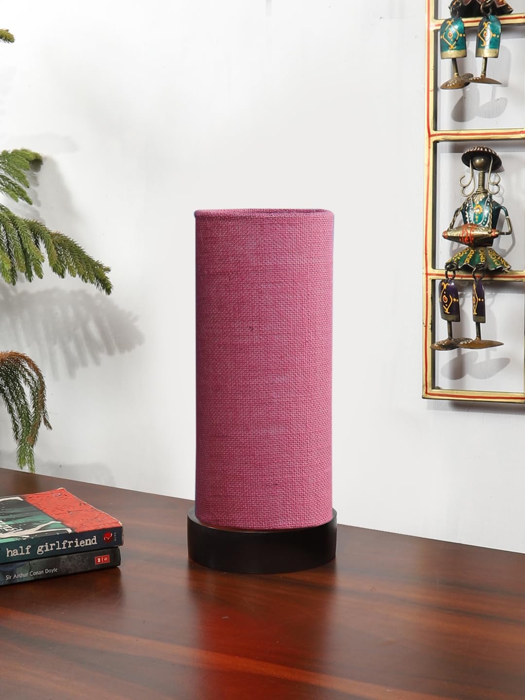 Pink Jute Table lamp Office/Home/Gifting with Wood Black Base (5x5x11) Inches -Pink