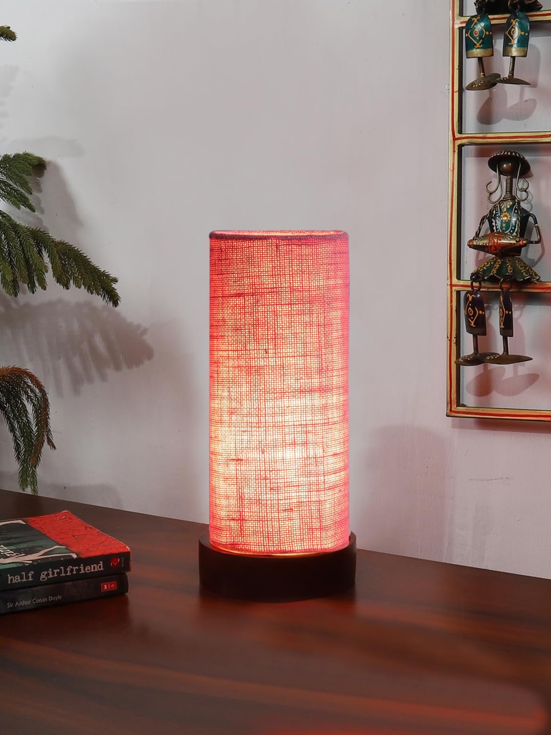 Pink Jute Table lamp Office/Home/Gifting with Wood Black Base (5x5x11) Inches -Pink