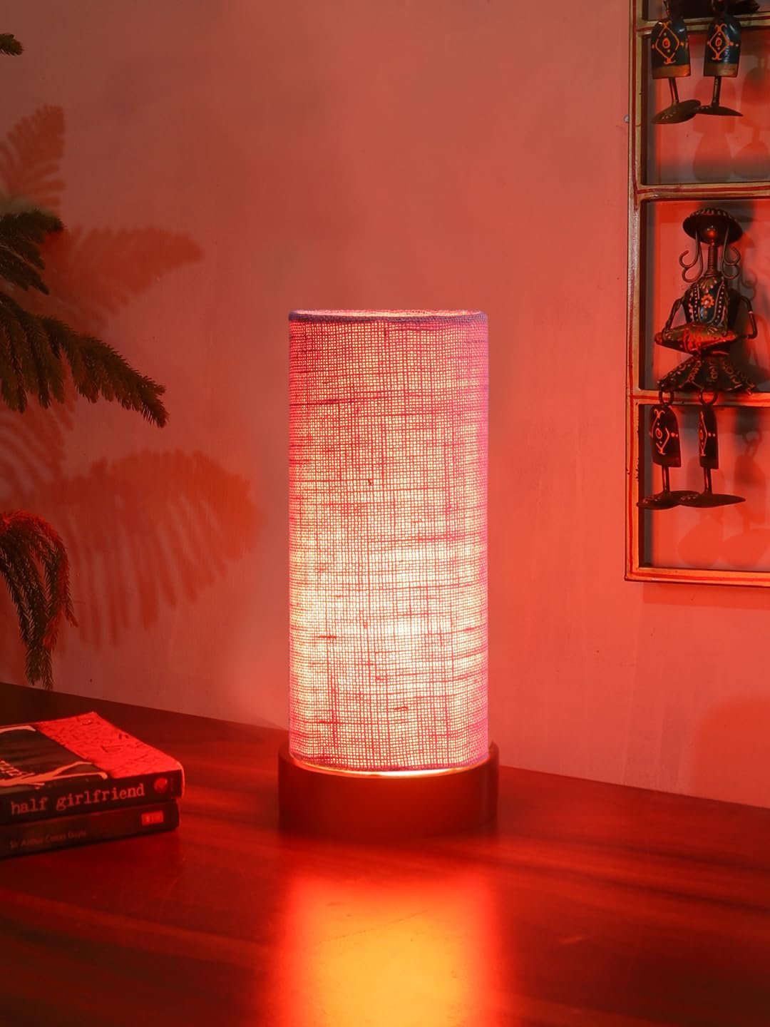 Pink Jute Table lamp Office/Home/Gifting with Wood Black Base (5x5x11) Inches -Pink