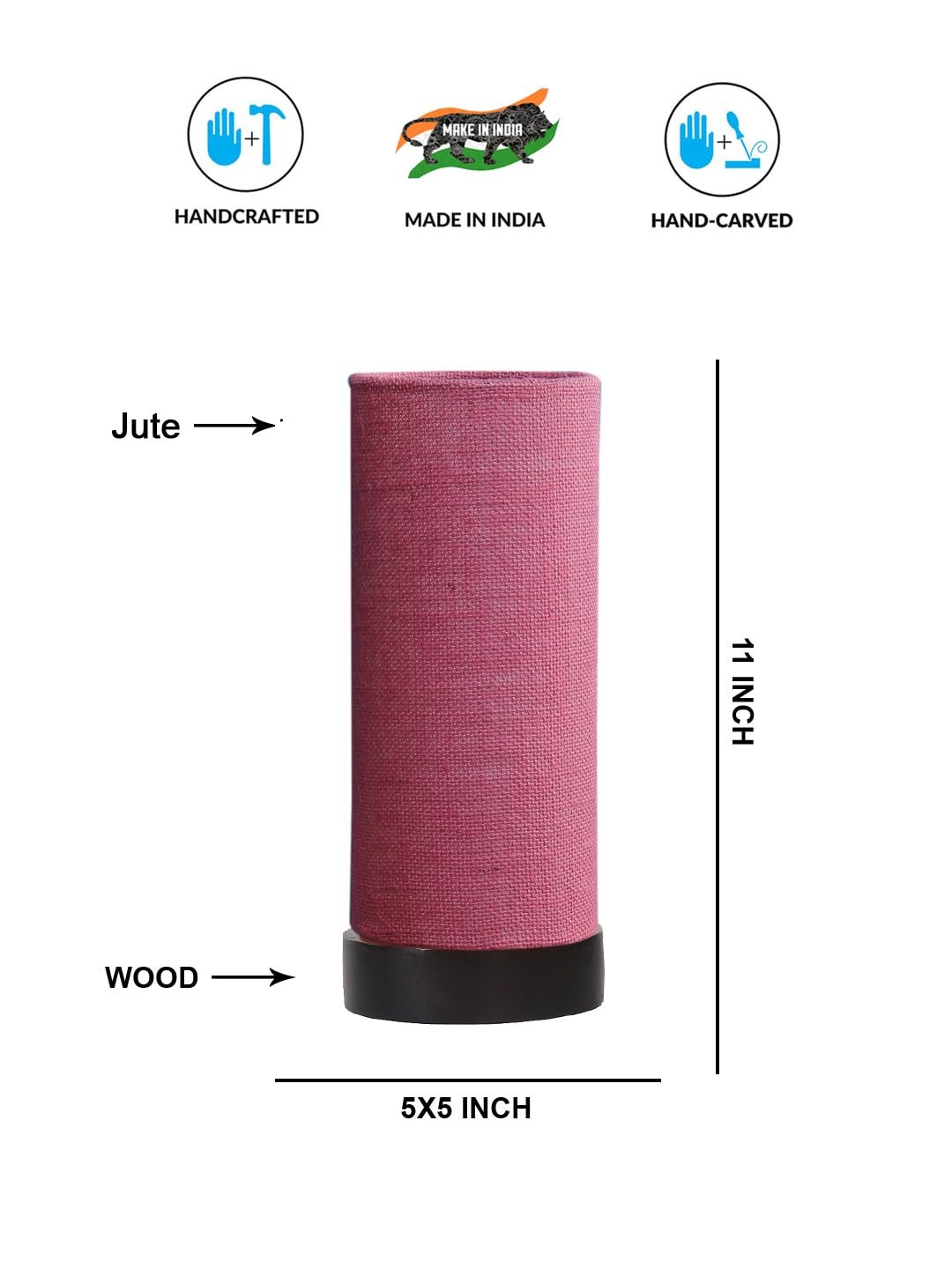 Pink Jute Table lamp Office/Home/Gifting with Wood Black Base (5x5x11) Inches -Pink