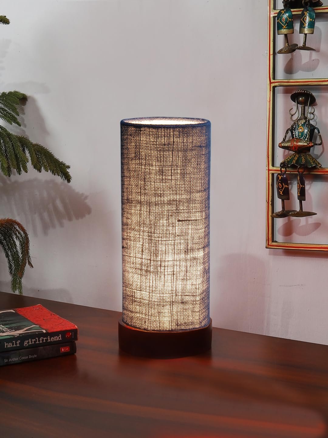 Blue Jute Table lamp Office/Home/Gifting with Wood Black Base (5x5x11) Inches -Blue