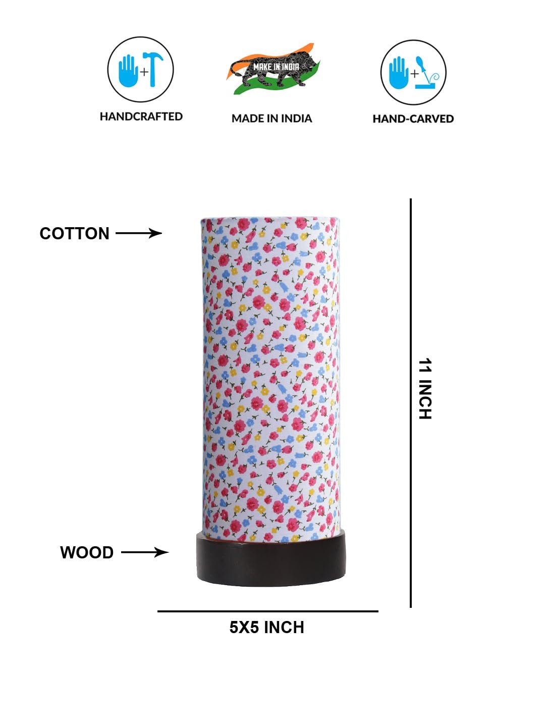 Multicolor Cotton Table lamp Office/Home/Gifting with Wood Black Base (5x5x11) Inches -C-Multicolor
