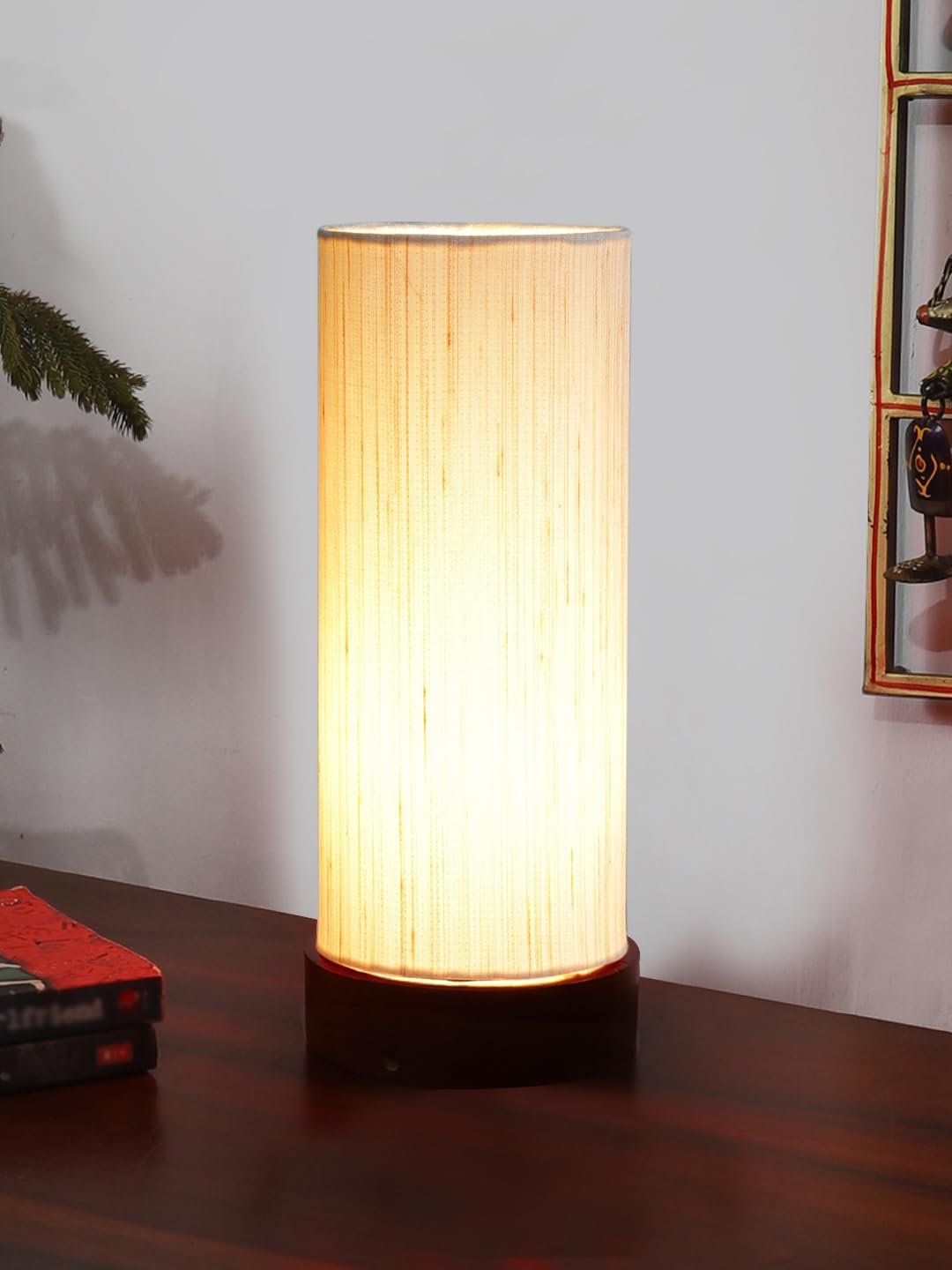 Off-White Cotton Table lamp Office/Home/Gifting with Wood Brown Base (5x5x11) Inches -Off-White