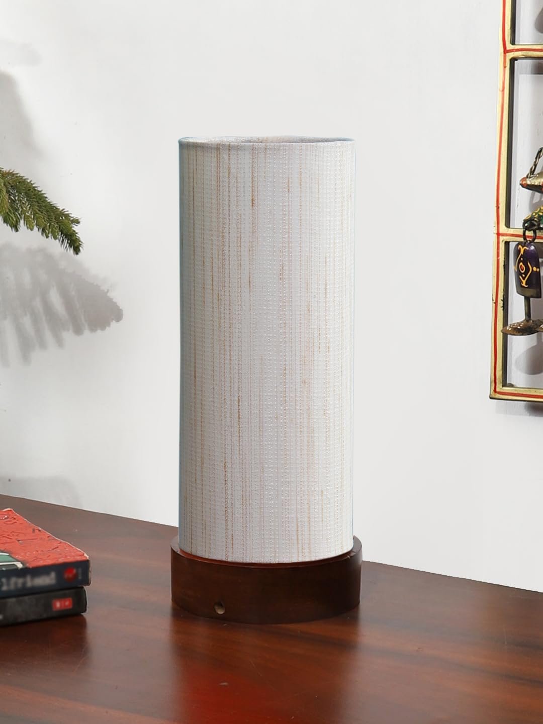 Off-White Cotton Table lamp Office/Home/Gifting with Wood Brown Base (5x5x11) Inches -Off-White