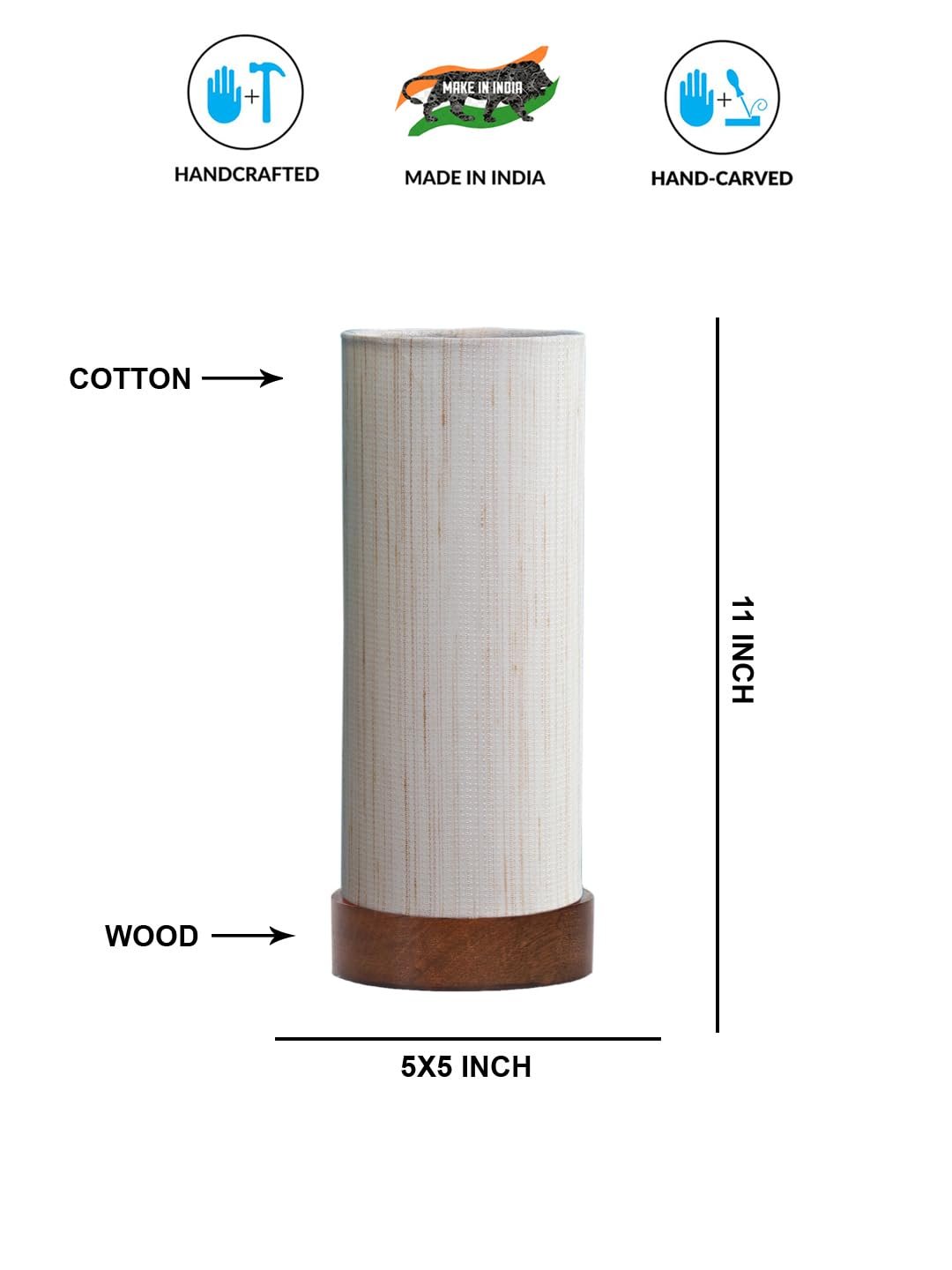 Off-White Cotton Table lamp Office/Home/Gifting with Wood Brown Base (5x5x11) Inches -Off-White