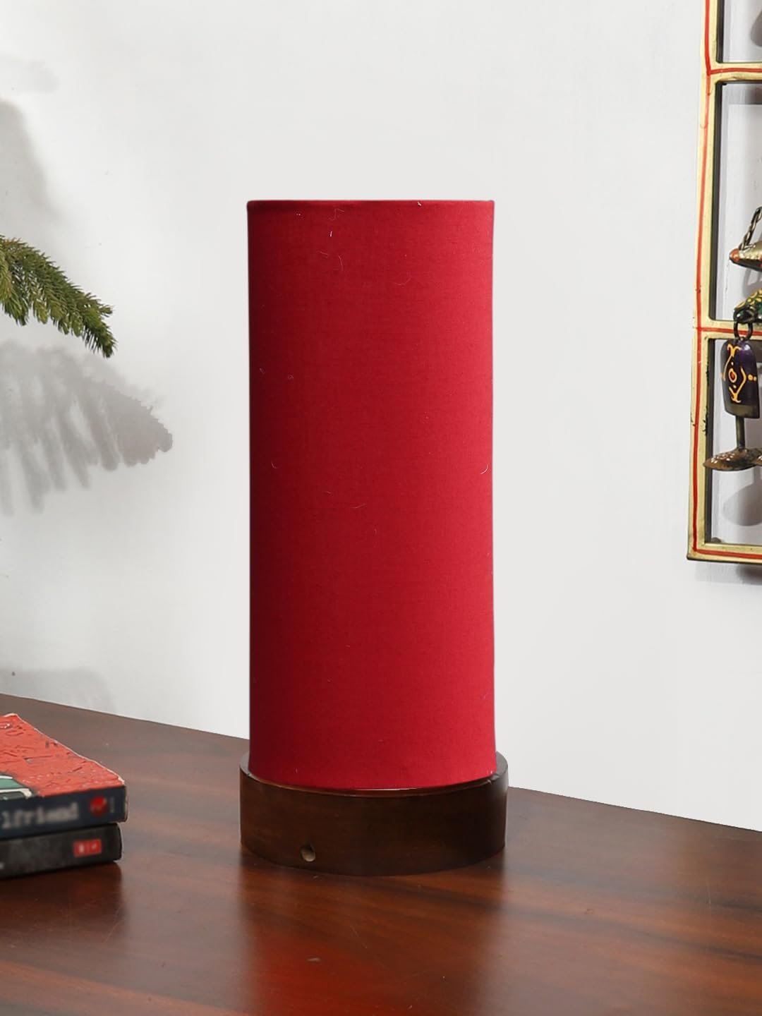 Red Cotton Table lamp Office/Home/Gifting with Wood Brown Base (5x5x11) Inches -Red