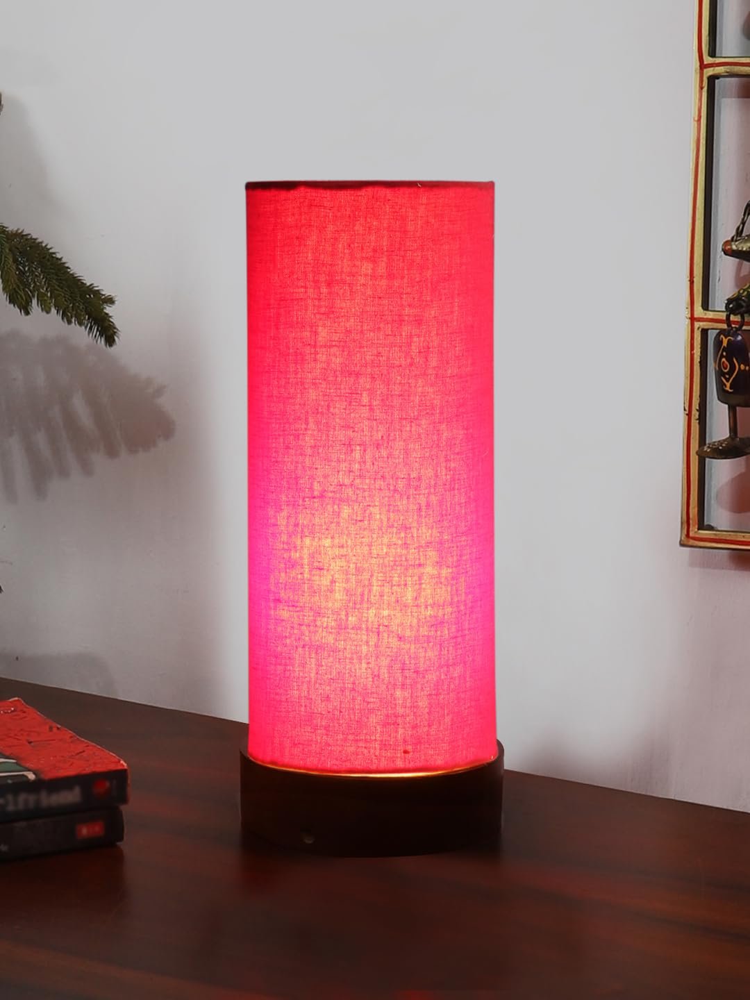 Red Cotton Table lamp Office/Home/Gifting with Wood Brown Base (5x5x11) Inches -Red