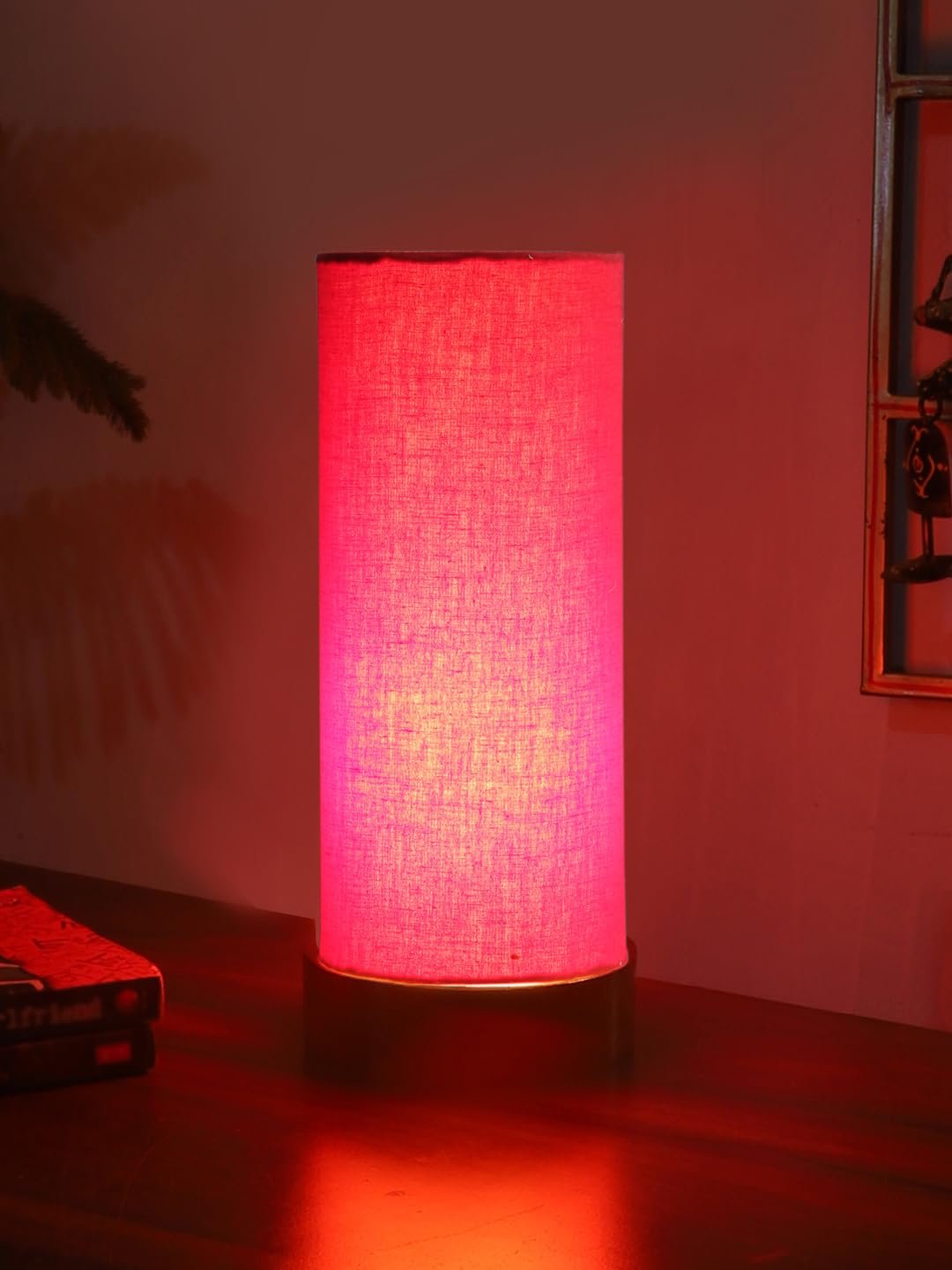 Red Cotton Table lamp Office/Home/Gifting with Wood Brown Base (5x5x11) Inches -Red