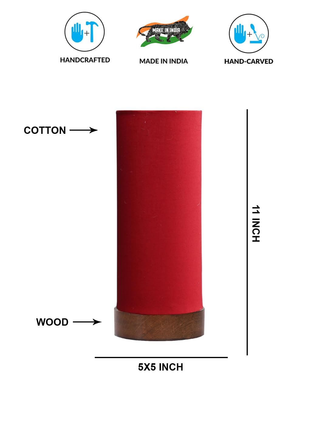 Red Cotton Table lamp Office/Home/Gifting with Wood Brown Base (5x5x11) Inches -Red