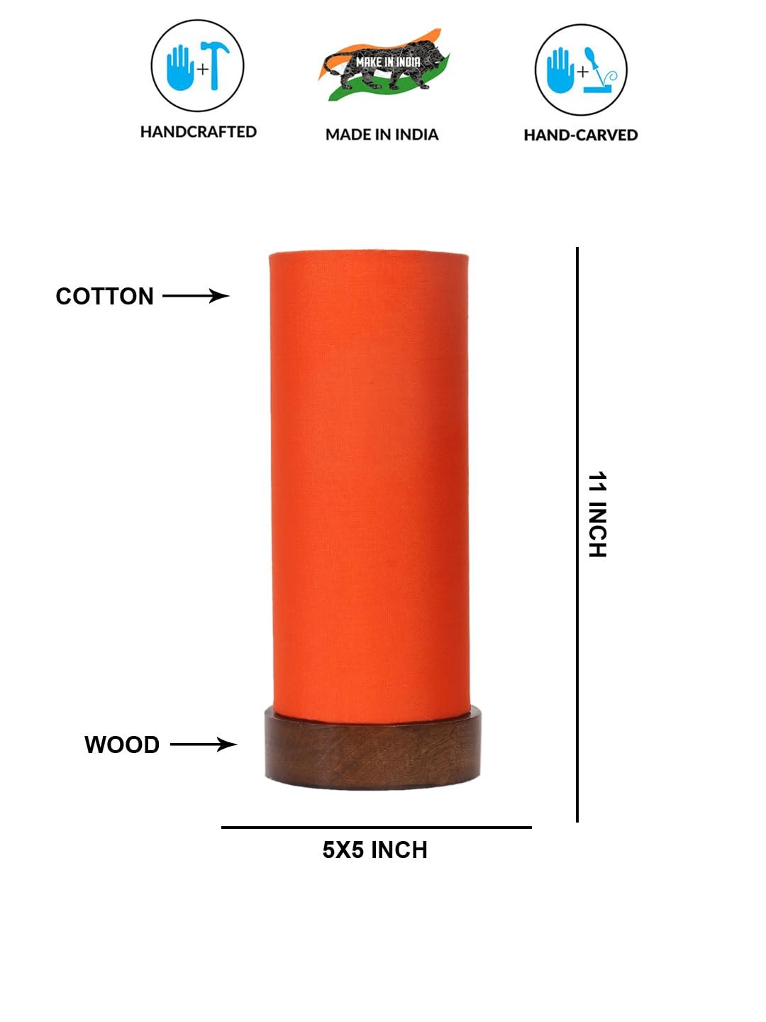 Orange Cotton Table lamp Office/Home/Gifting with Wood Brown Base (5x5x11) Inches -Orange