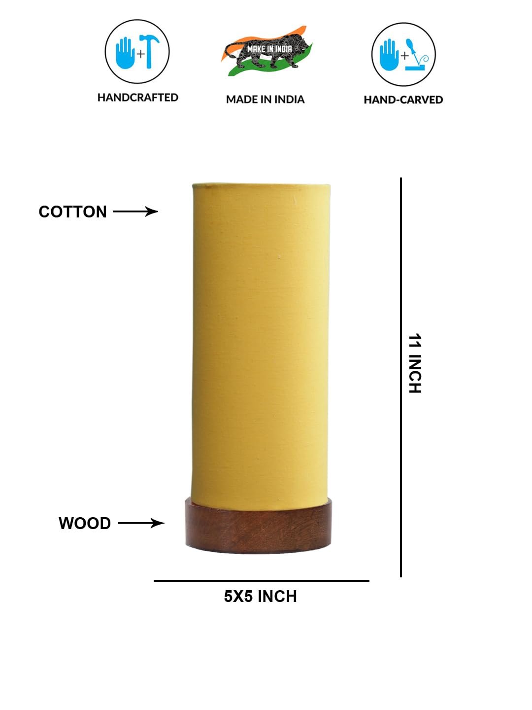 Yellow Cotton Table lamp Office/Home/Gifting with Wood Brown Base (5x5x11) Inches -Yellow