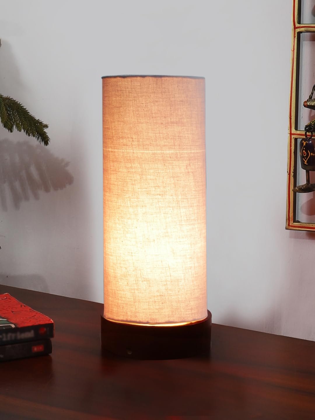 Grey Cotton Table lamp Office/Home/Gifting with Wood Brown Base (5x5x11) Inches -Grey