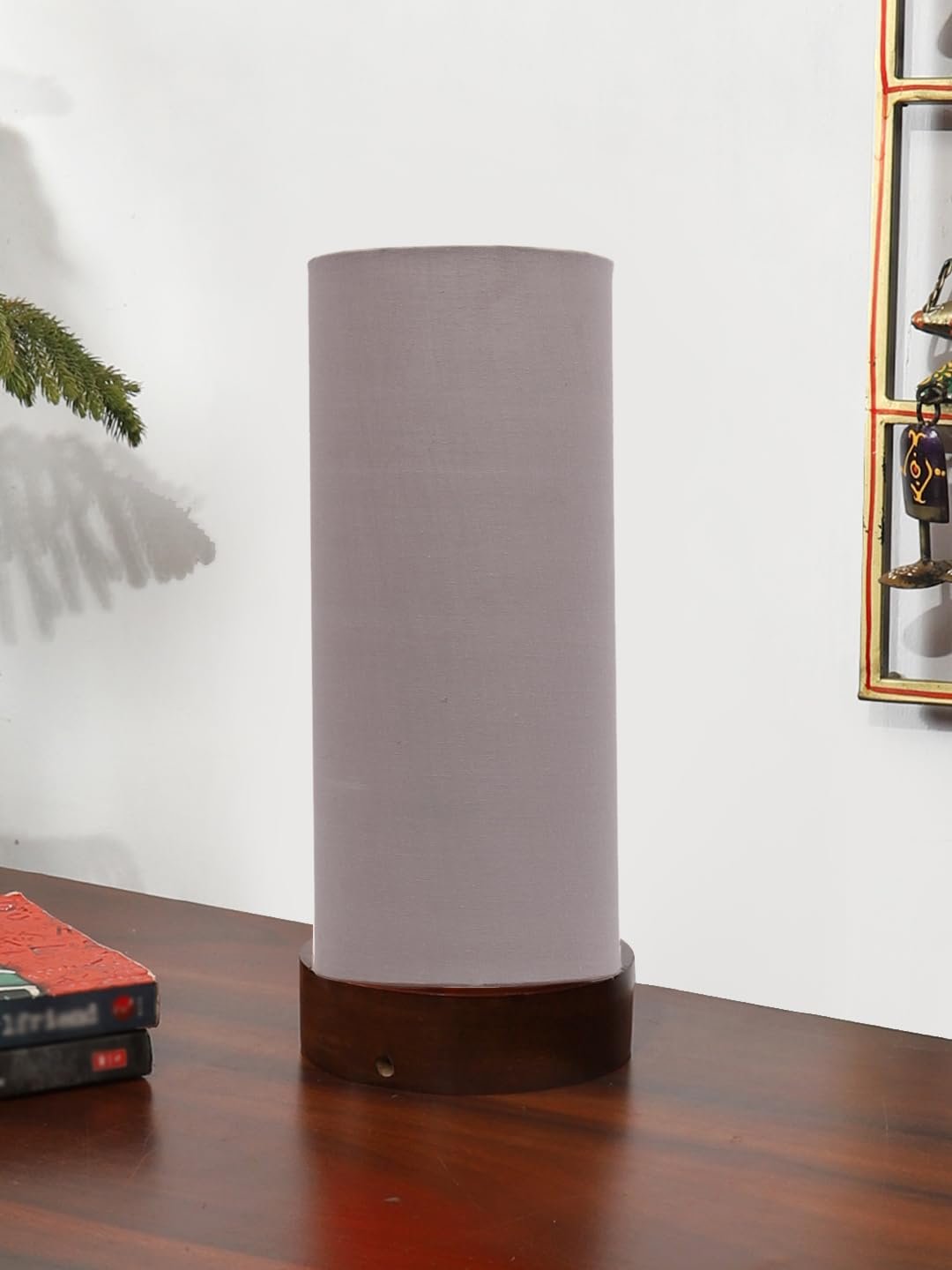 Grey Cotton Table lamp Office/Home/Gifting with Wood Brown Base (5x5x11) Inches -Grey