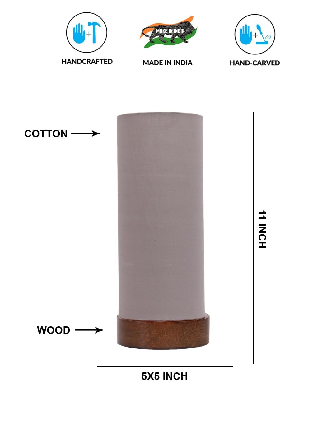 Grey Cotton Table lamp Office/Home/Gifting with Wood Brown Base (5x5x11) Inches -Grey