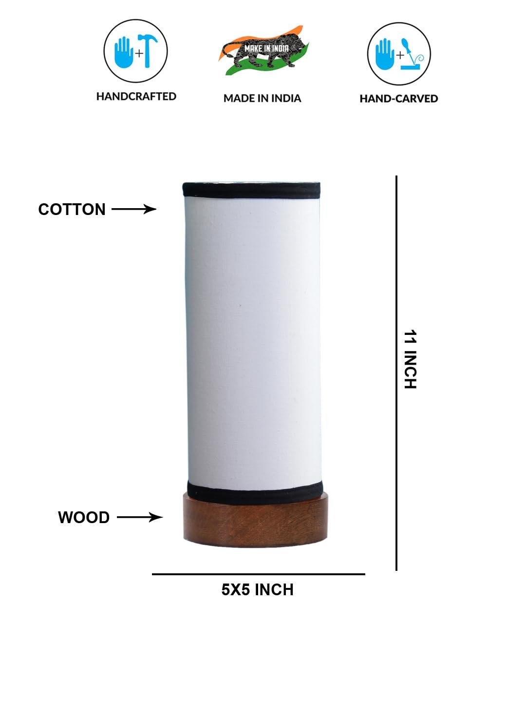 White & Black Cotton Table lamp Office/Home/Gifting with Wood Brown Base (5x5x11) Inches -White & Black