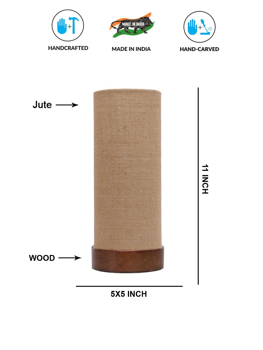 Beige Jute Table lamp Office/Home/Gifting with Wood Brown Base (5x5x11) Inches -Beige
