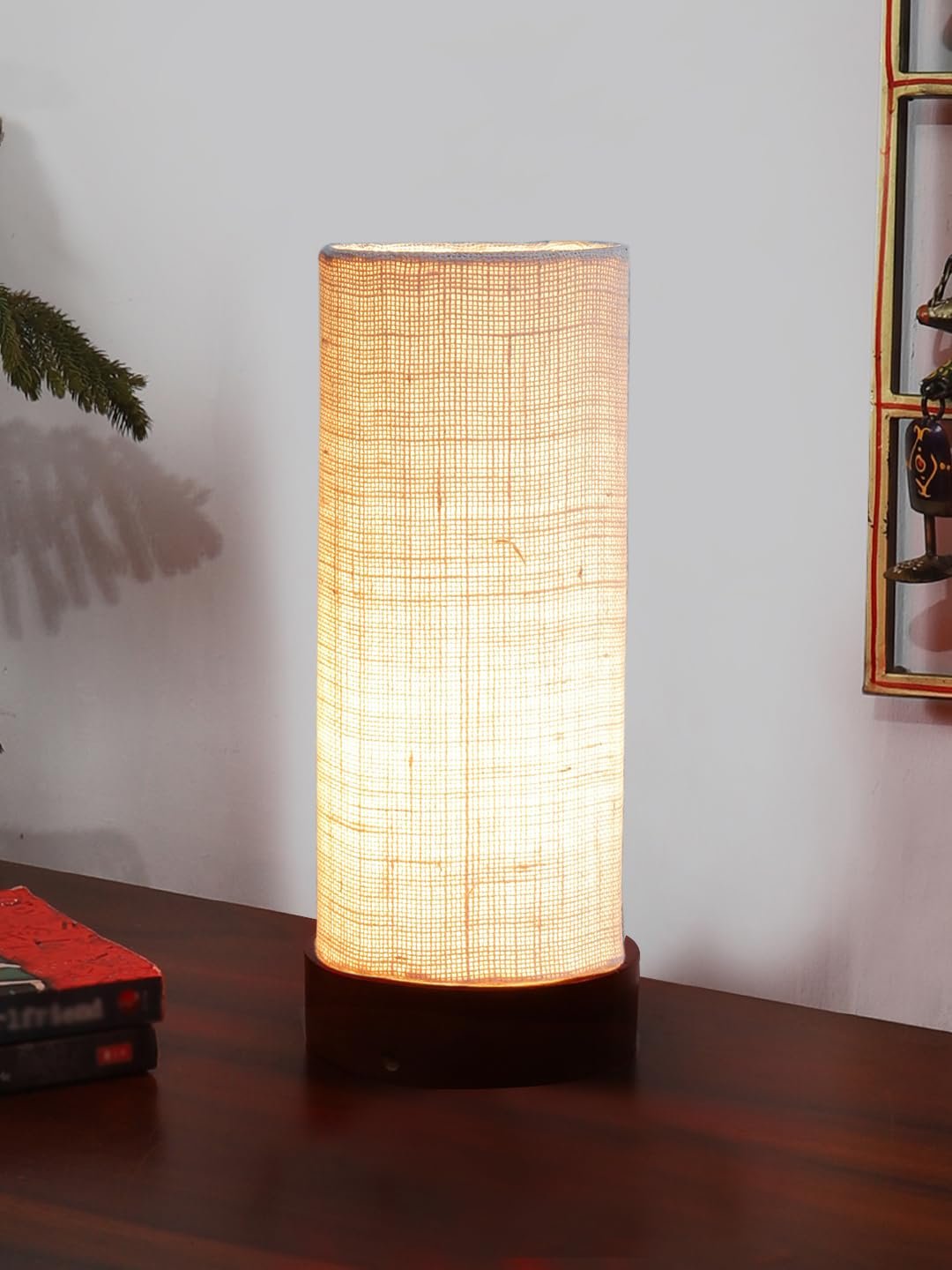 White Jute Table lamp Office/Home/Gifting with Wood Brown Base (5x5x11) Inches -White