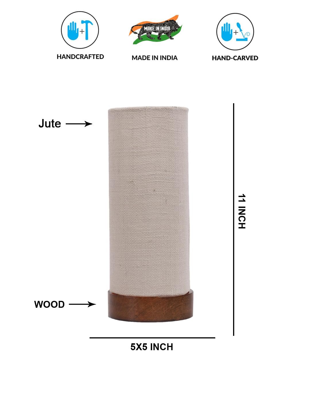 White Jute Table lamp Office/Home/Gifting with Wood Brown Base (5x5x11) Inches -White