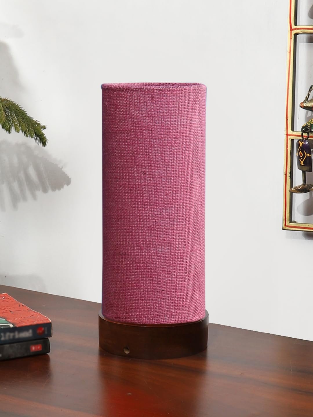 Pink Jute Table lamp Office/Home/Gifting with Wood Brown Base (5x5x11) Inches -Pink