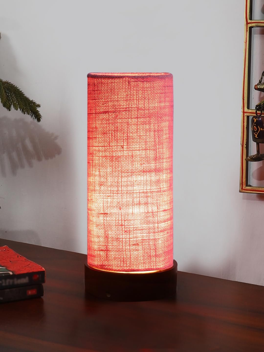 Pink Jute Table lamp Office/Home/Gifting with Wood Brown Base (5x5x11) Inches -Pink