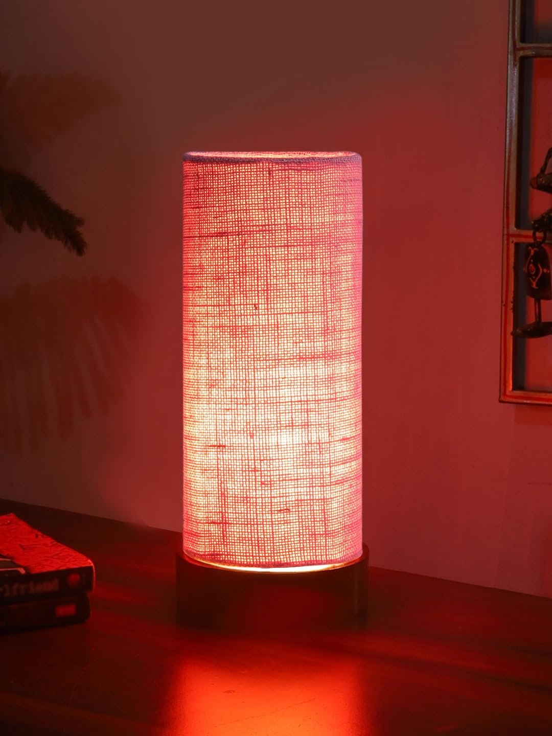 Pink Jute Table lamp Office/Home/Gifting with Wood Brown Base (5x5x11) Inches -Pink