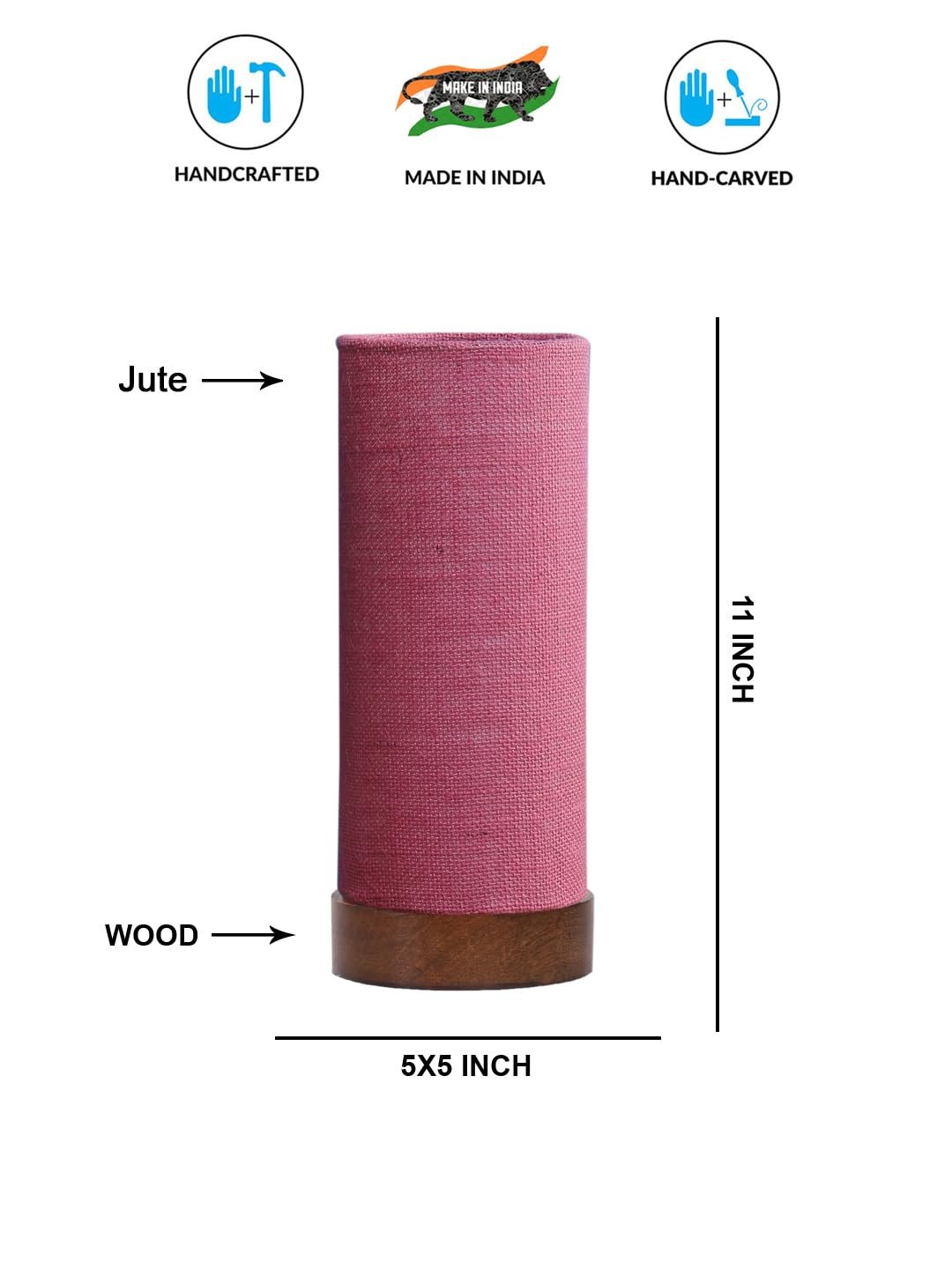 Pink Jute Table lamp Office/Home/Gifting with Wood Brown Base (5x5x11) Inches -Pink
