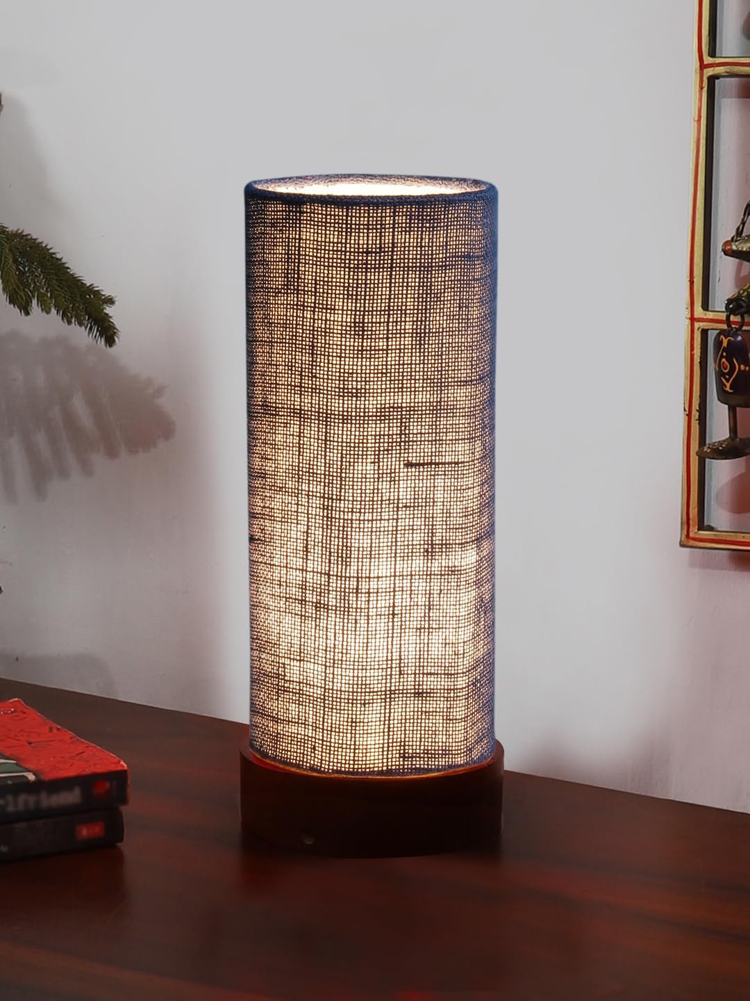 Blue Jute Table lamp Office/Home/Gifting with Wood Brown Base (5x5x11) Inches -Blue