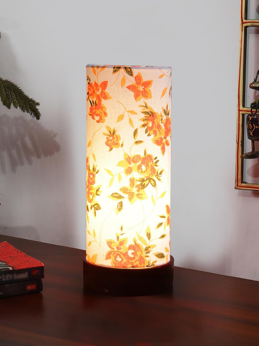Multicolor Cotton Table lamp Office/Home/Gifting with Wood Brown Base (5x5x11) Inches -E-Multicolor