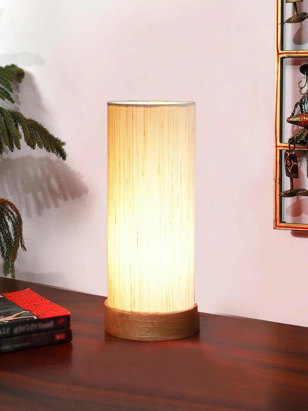 Off-White Cotton Table lamp Office/Home/Gifting with Wood Natural Base (5x5x11) Inches -Off-White