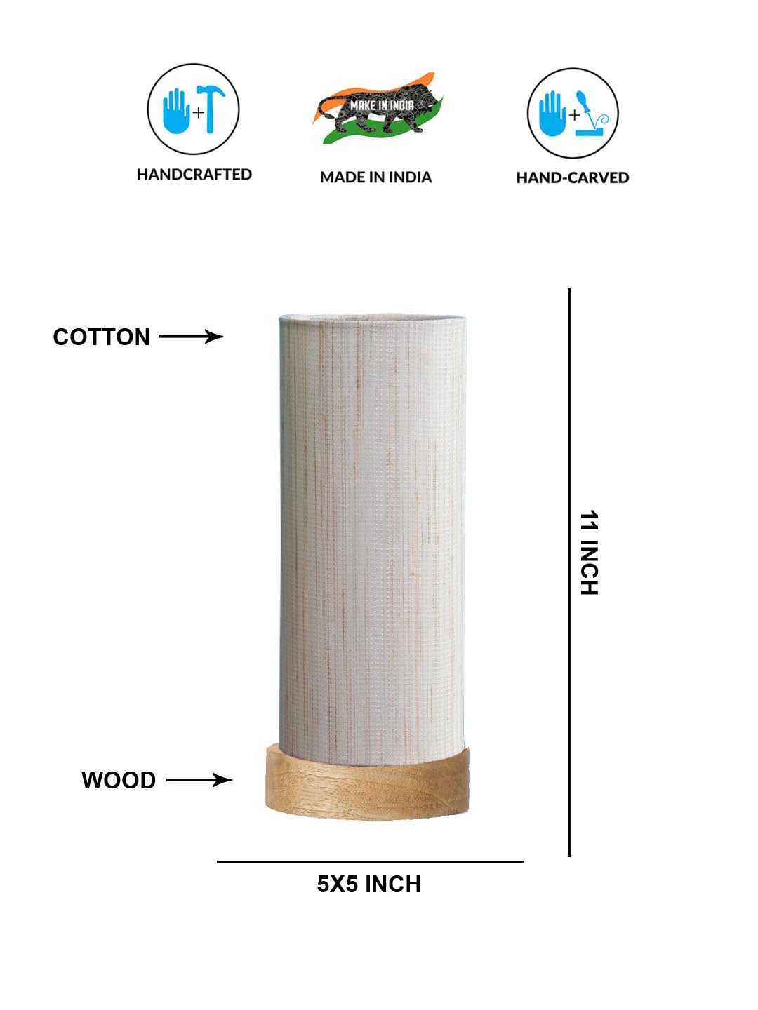 Off-White Cotton Table lamp Office/Home/Gifting with Wood Natural Base (5x5x11) Inches -Off-White