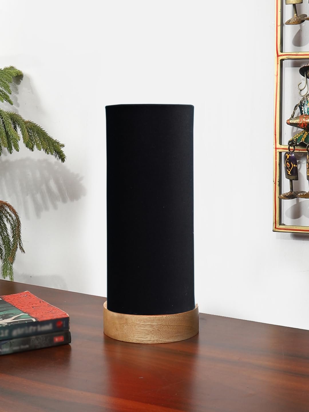 Black Cotton Table lamp Office/Home/Gifting with Wood Natural Base (5x5x11) Inches -Black