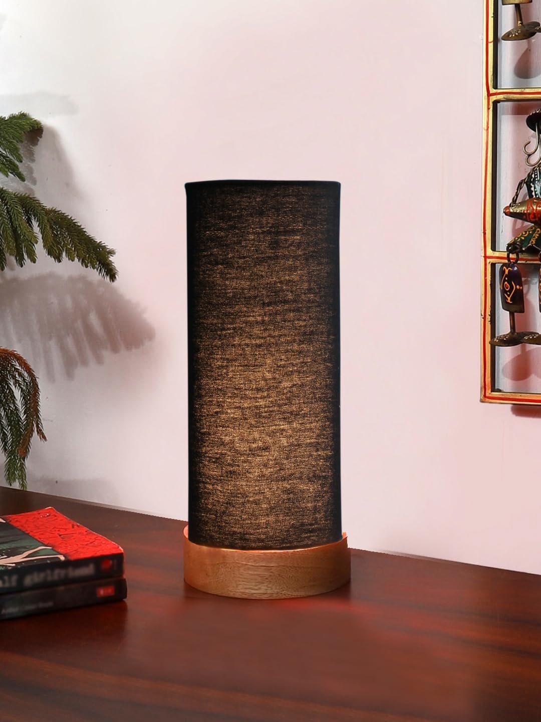 Black Cotton Table lamp Office/Home/Gifting with Wood Natural Base (5x5x11) Inches -Black