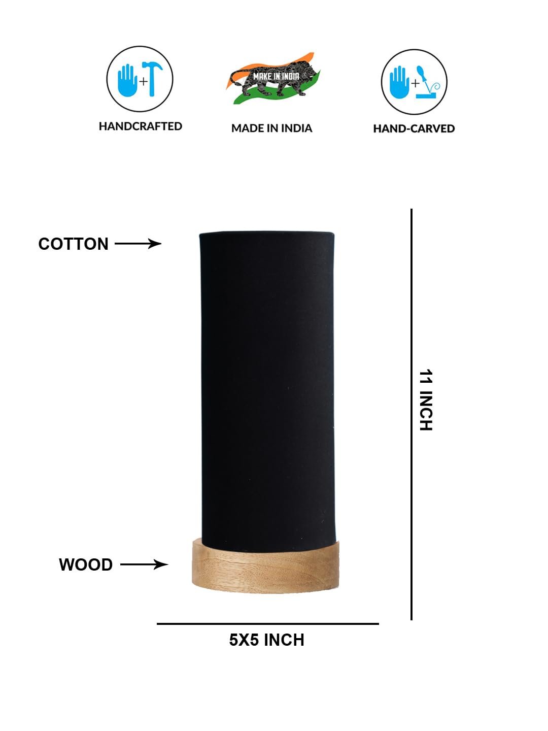Black Cotton Table lamp Office/Home/Gifting with Wood Natural Base (5x5x11) Inches -Black