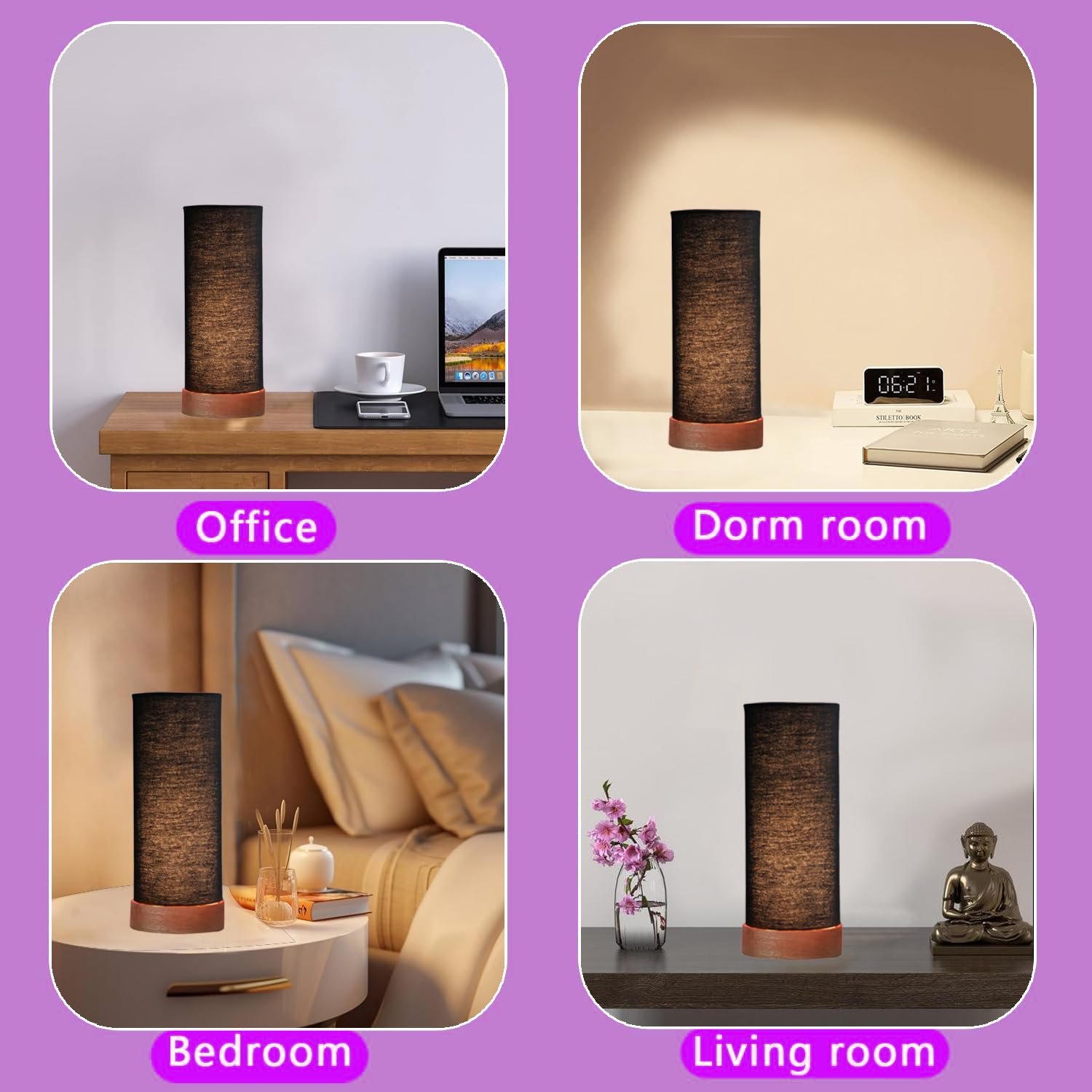 Black Cotton Table lamp Office/Home/Gifting with Wood Natural Base (5x5x11) Inches -Black