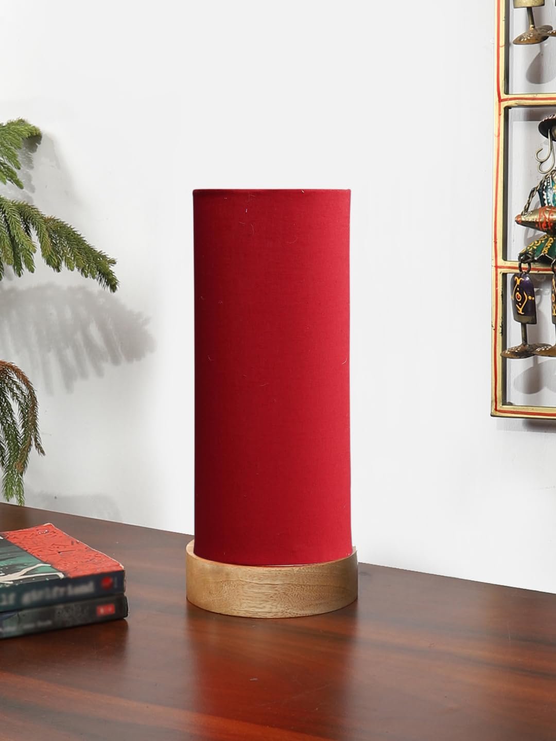 Red Cotton Table lamp Office/Home/Gifting with Wood Natural Base (5x5x11) Inches -Red