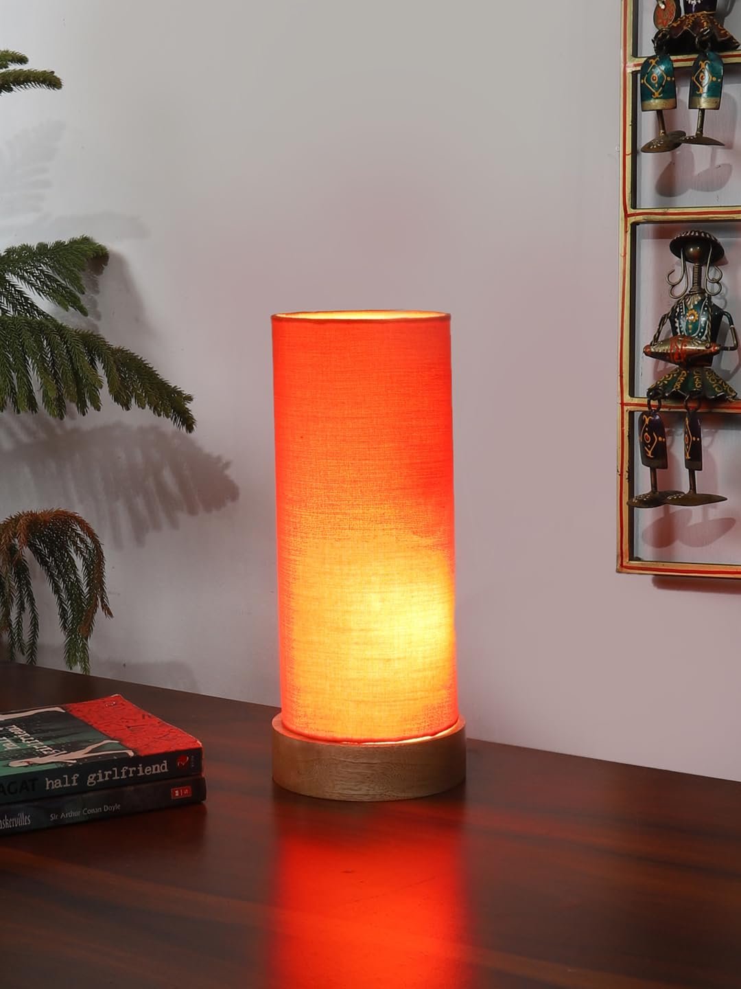 Orange Cotton Table lamp Office/Home/Gifting with Wood Natural Base (5x5x11) Inches -Orange