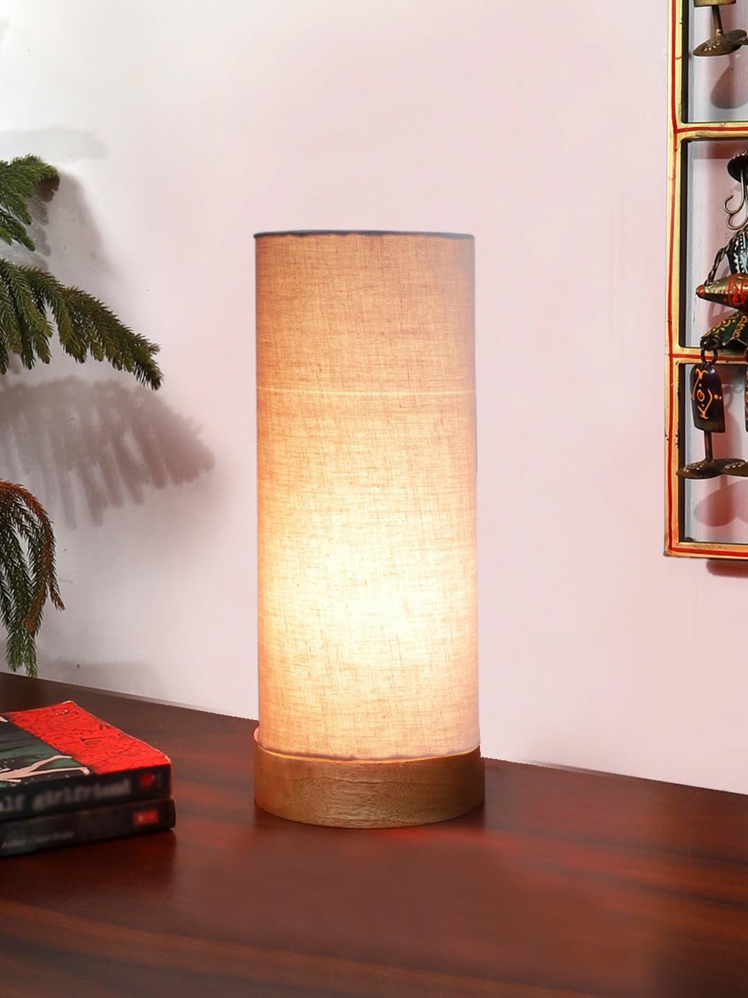 Grey Cotton Table lamp Office/Home/Gifting with Wood Natural Base (5x5x11) Inches -Grey