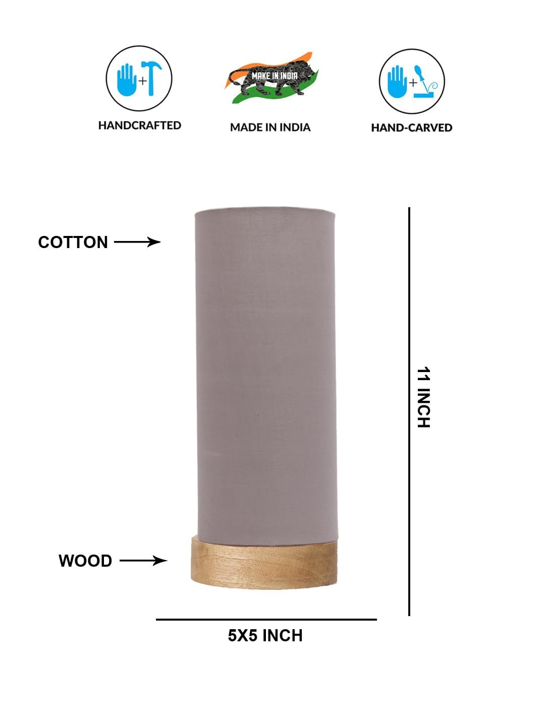 Grey Cotton Table lamp Office/Home/Gifting with Wood Natural Base (5x5x11) Inches -Grey