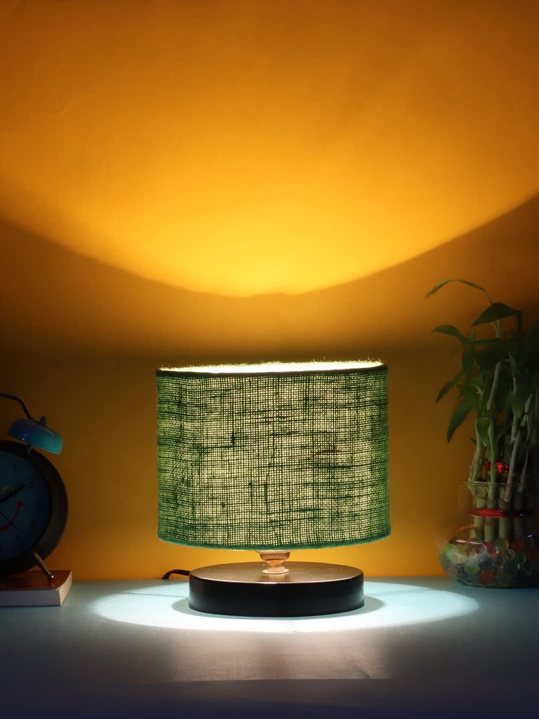 Green Jute Shade Lamp with Black Wood Base for Decoration/Office/Home/Gifting/Study for Office/Home/Gifting -(7x7x7) Inches -