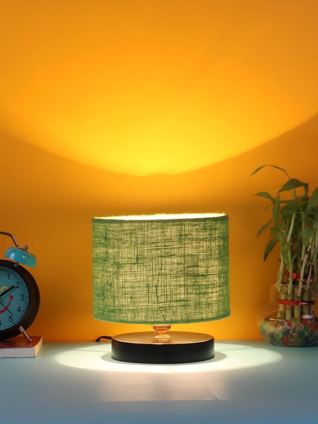 Green Jute Shade Lamp with Black Wood Base for Decoration/Office/Home/Gifting/Study for Office/Home/Gifting -(7x7x7) Inches -