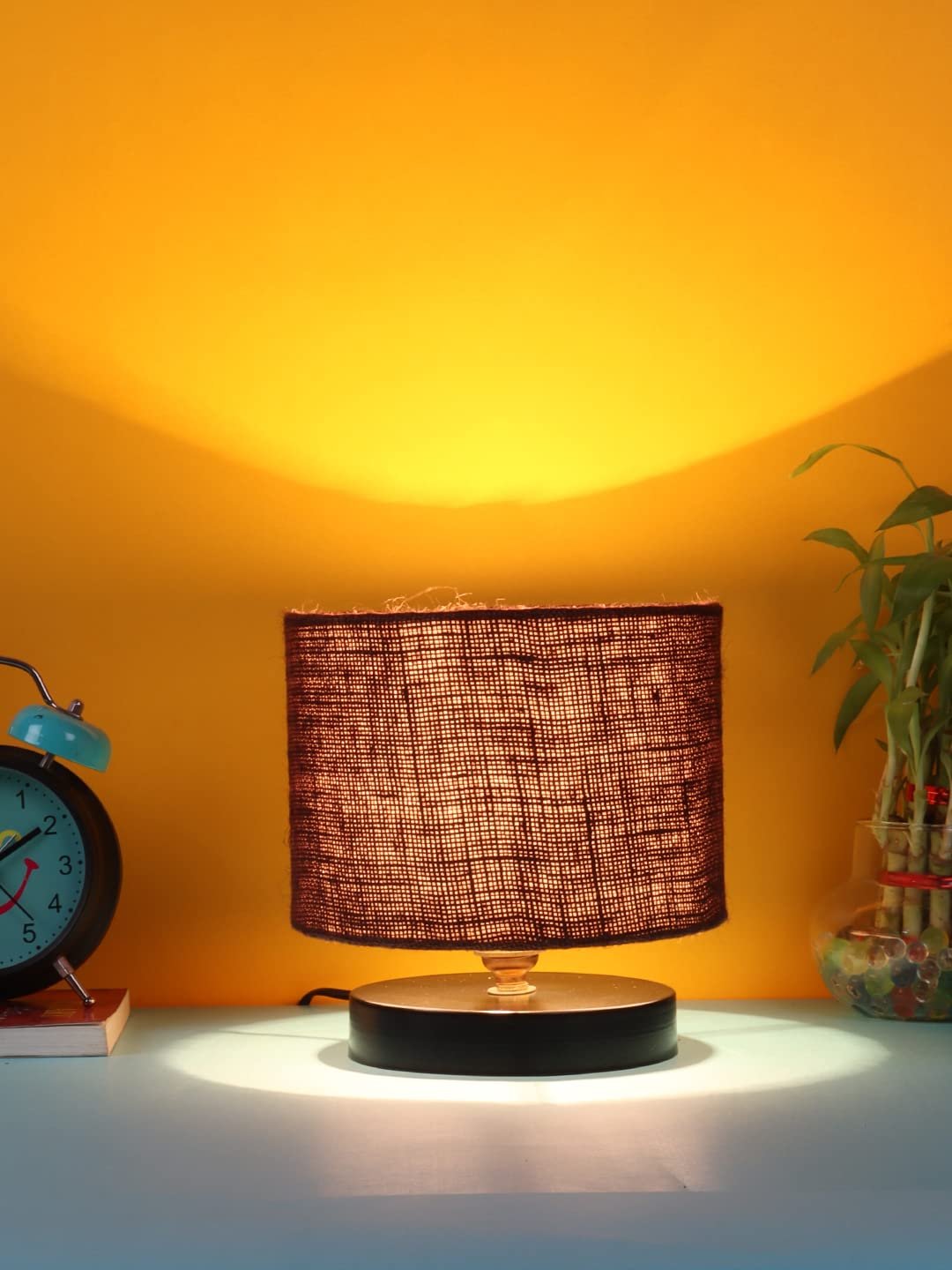 Brown Jute Shade Lamp with Black Wood Base for Decoration/Office/Home/Gifting/Study for Office/Home/Gifting -(7x7x7) Inches -