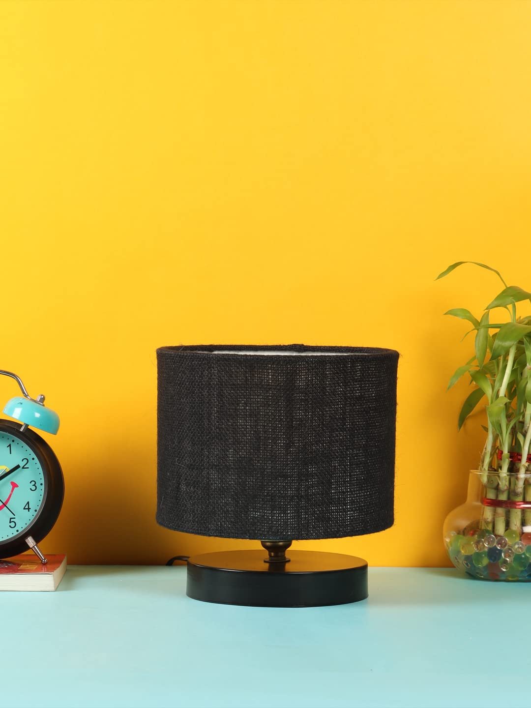 Black Jute Shade Lamp with Black Wood Base for Decoration/Office/Home/Gifting/Study for Office/Home/Gifting -(7x7x7) Inches -