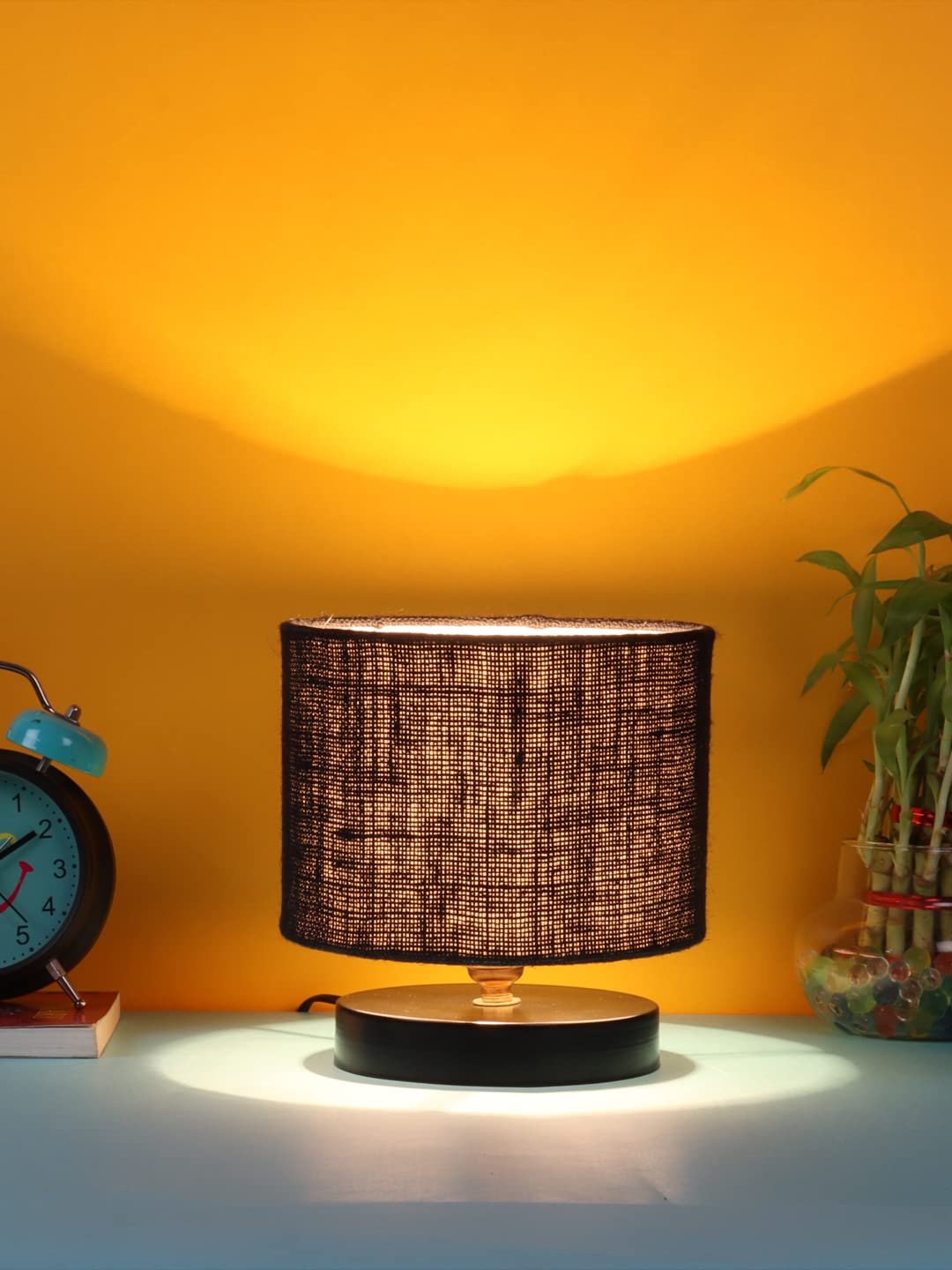 Black Jute Shade Lamp with Black Wood Base for Decoration/Office/Home/Gifting/Study for Office/Home/Gifting -(7x7x7) Inches -