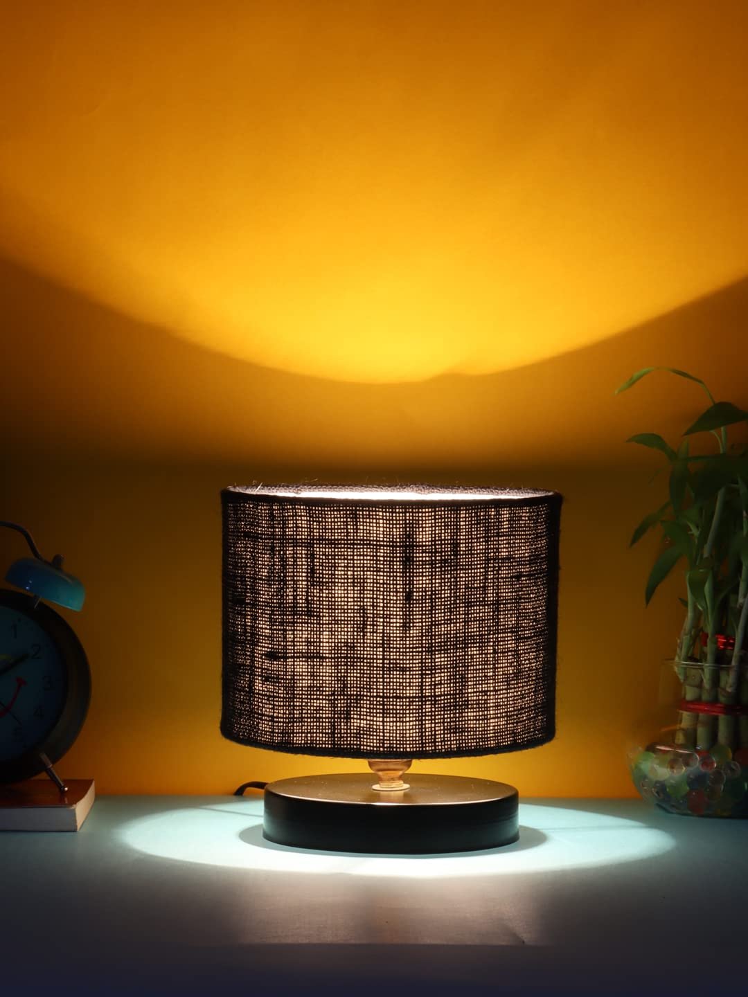 Black Jute Shade Lamp with Black Wood Base for Decoration/Office/Home/Gifting/Study for Office/Home/Gifting -(7x7x7) Inches -