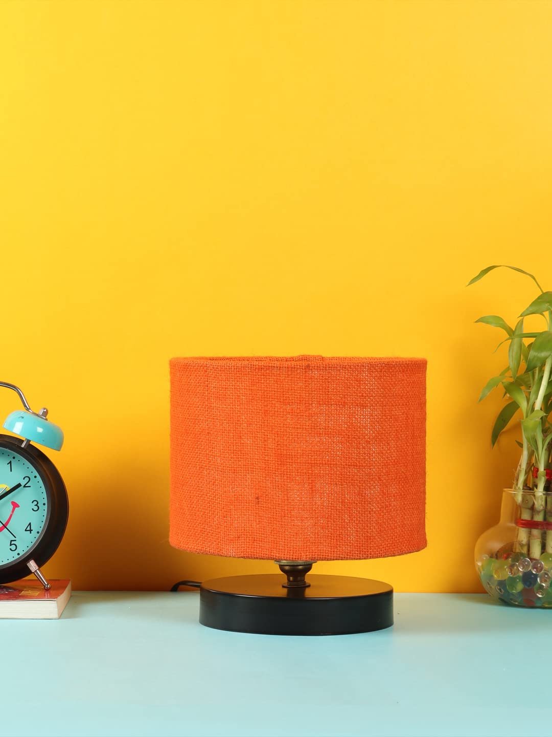 Orange Jute Shade Lamp with Black Wood Base for Decoration/Office/Home/Gifting/Study for Office/Home/Gifting -(7x7x7) Inches -