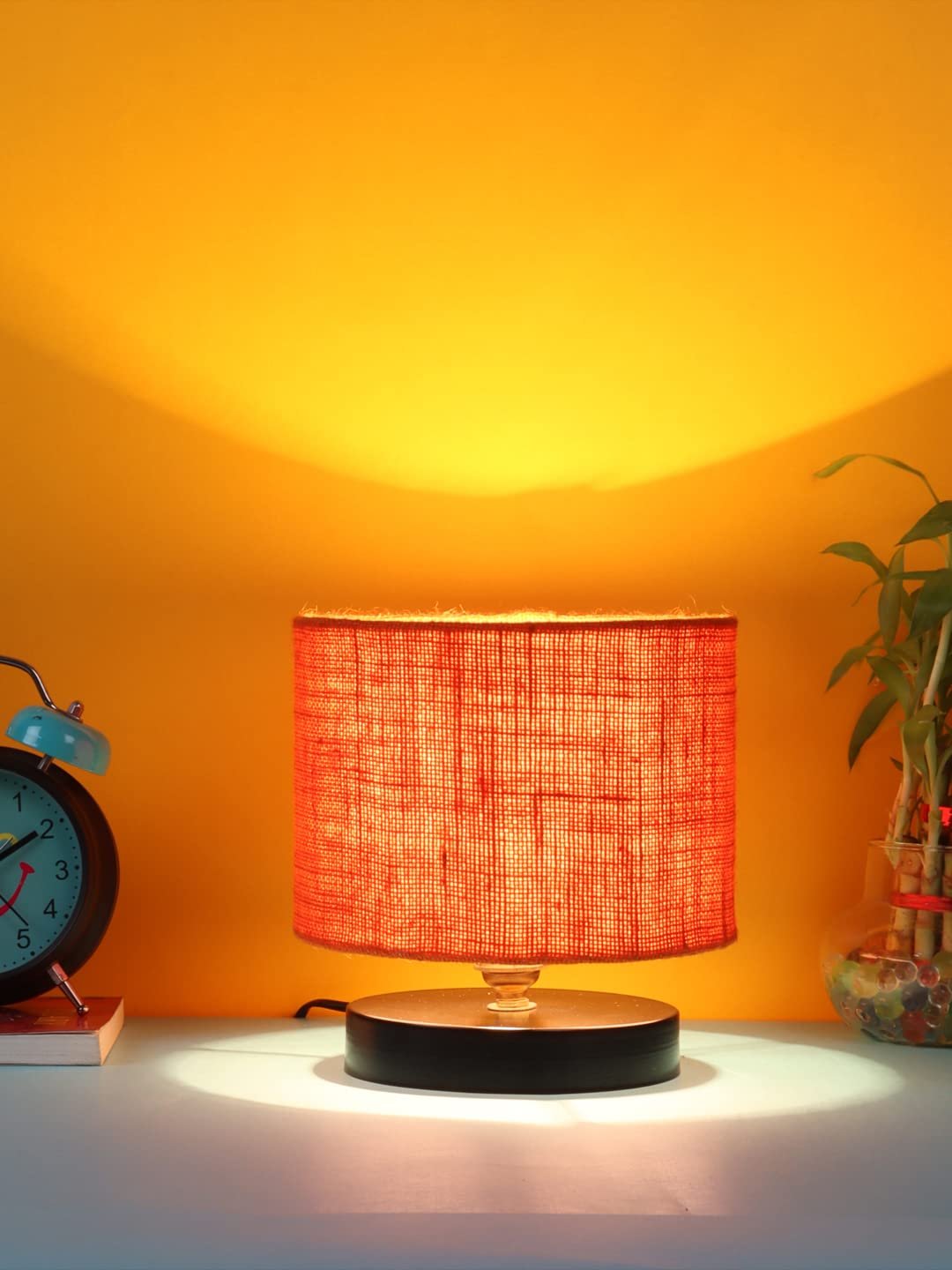 Orange Jute Shade Lamp with Black Wood Base for Decoration/Office/Home/Gifting/Study for Office/Home/Gifting -(7x7x7) Inches -